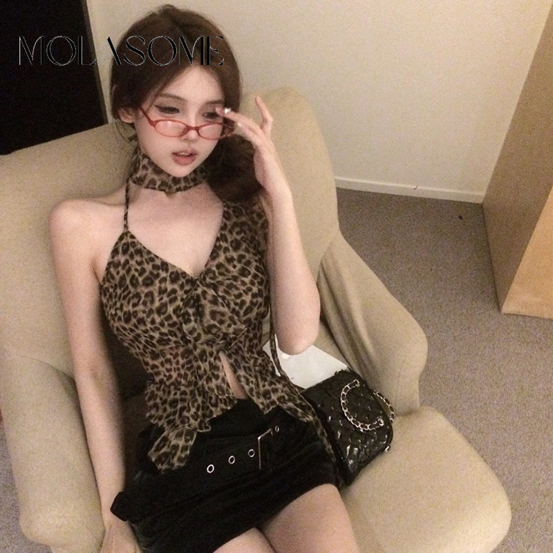 Molasome ผู ้ หญิง 2024 เสือดาวพิมพ ์ Halter คอแขนกุด Slim Fit เสื ้ อกล ้ ามลําลอง