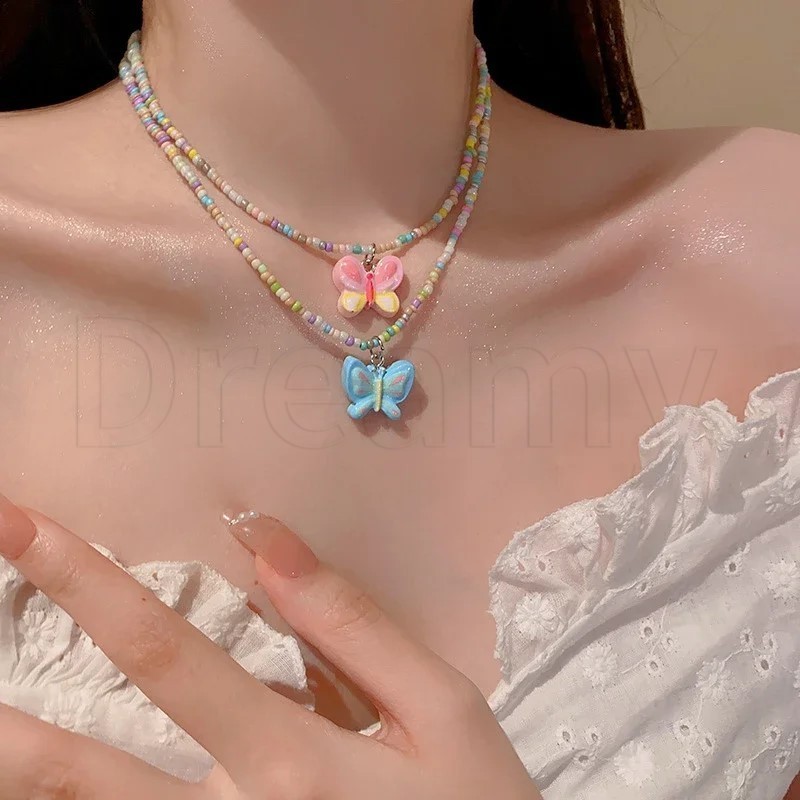 สร้อยคอผีเสื้อลูกปัดสีลูกกวาด-ผู้หญิงสร้อยคอจี้หวาน-โซ่กระดูกไหปลาร้า-ของขวัญเค้นคอ ย2เค -หลากสี,แฮนด์เมด,น่ารัก-เครื่องประดับแฟชั่น-เกาหลี อิน สไตล์ Jewelr