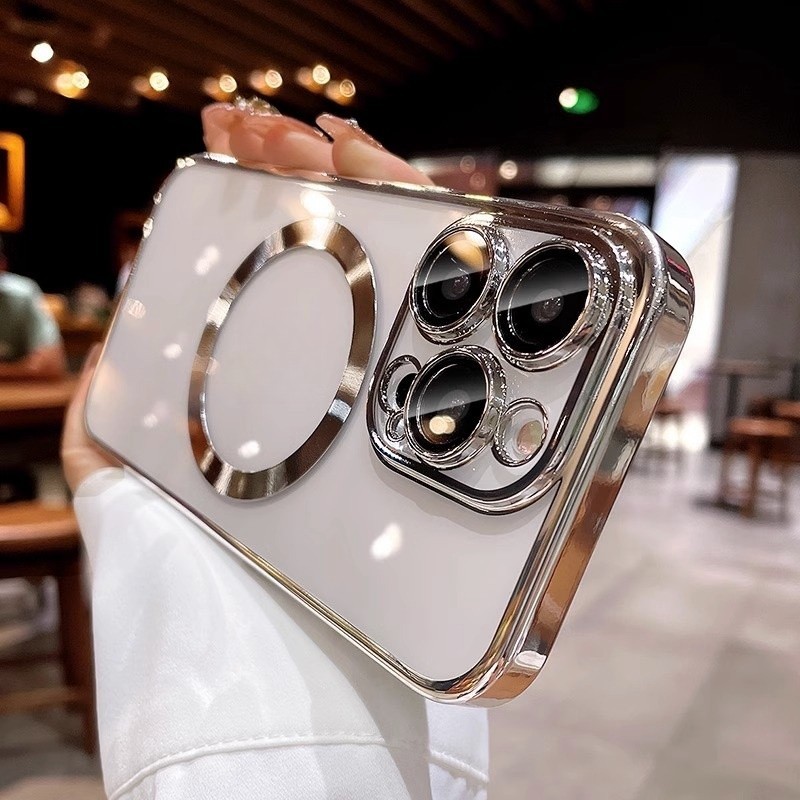 Electroplated โปร่งใส PC เคสโทรศัพท์แม่เหล็กสําหรับ iPhone 11 12 13 14 15 Pro Max 14 15 plus เลนส์ป้องกันกล้องกันกระแทก hard case เคสโทรศัพท์ป้องกัน