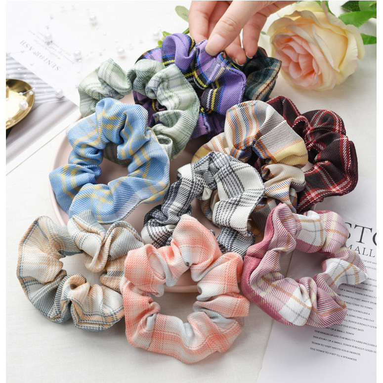 ยางรัดผมลายสก็อต ยางรัดผมทรงโดนัทสีพาสเทลน่ารัก ยางมัดผม เครื่องประดับผม ส่งเร็ว