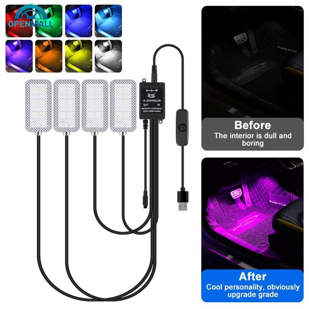 OPENMALL 4Pcs/Set 12V 5V USB LED Car Interior Atmosphere Backlight Ambient Mood Foot Light Decorative APP Remote Control