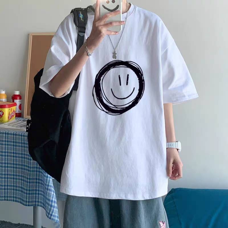 Basi เสื้อยืดแขนสั้น ทรงหลวม ลายหน้ายิ้ม แฟชั่นเกาหลีมินิมอล คอกลม ผ้าcottonนุ่มนิ่มไม่ย้วยงานดีใหม่หน้าร้อน 1391smile2