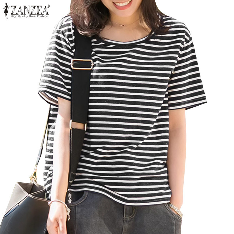 Zanzea เสื ้ อยืดหลวมแขนสั ้ นลายทางลําลองผู ้ หญิงเกาหลี