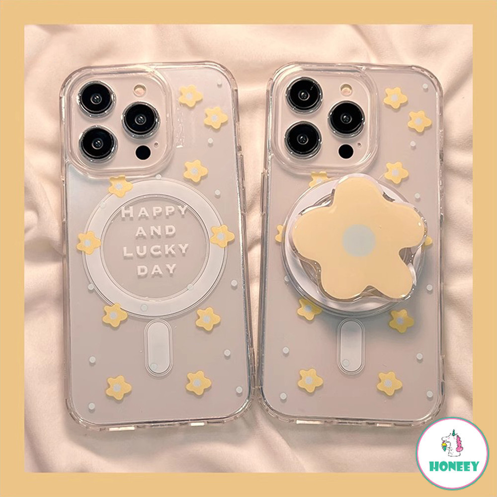 เคสโทรศัพท์มือถือแบบแข็ง ใส กันกระแทก ลายดอกไม้สีเหลือง พร้อมขาตั้งแม่เหล็ก สําหรับ Iphone 11 15 14 Pro Max 12 13 Promax XR XS 7Plus 8Plus