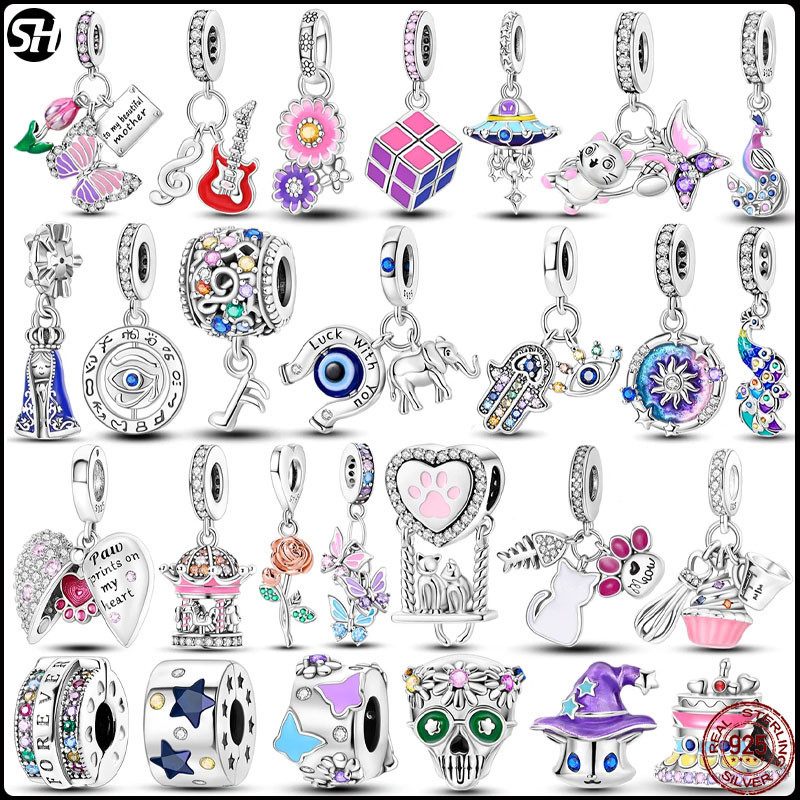 Fit Original  Charms สร้อยข้อมือลูกปัด S925 เงินสเตอร์ลิงที่มีสีสัน Glaze Charms ลูกปัดนกยูงแมวนกฮูกแฟชั่นจี้ DIY เครื่องประดับของขวัญ