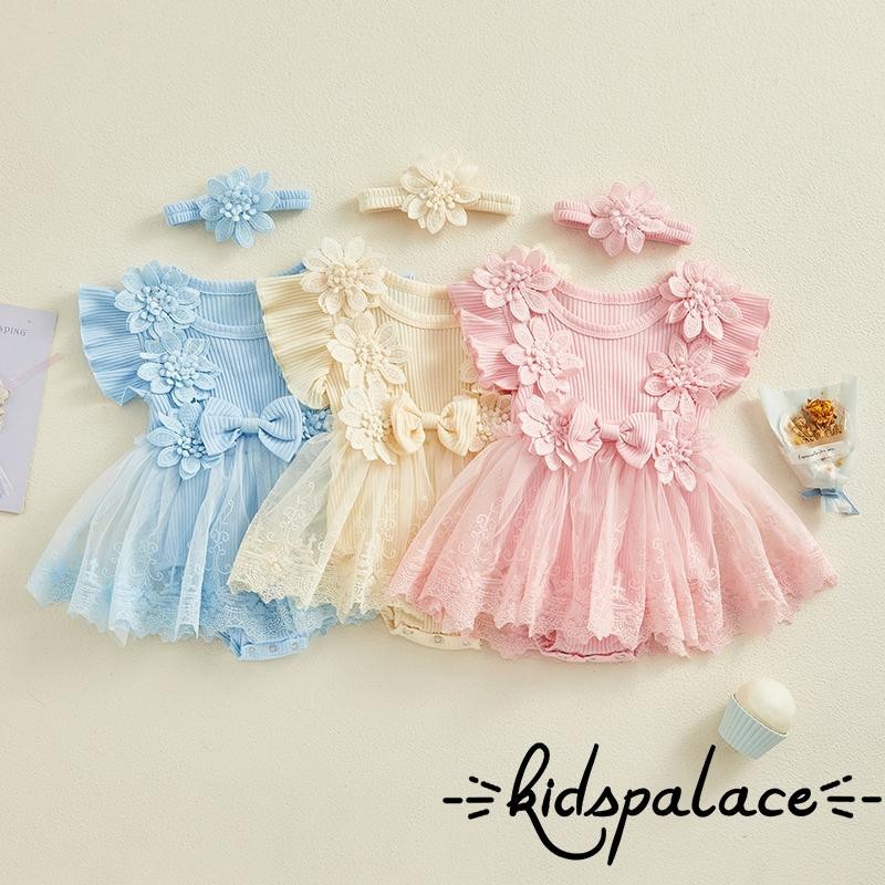 Bbq-เด็กสาว2ชิ้นชุดตาข่ายลูกไม้patchwork Ruffle Romperชุดและแถบคาดศีรษะน่ารักแฟชั่นฤดูร้อนเสื้อผ้า