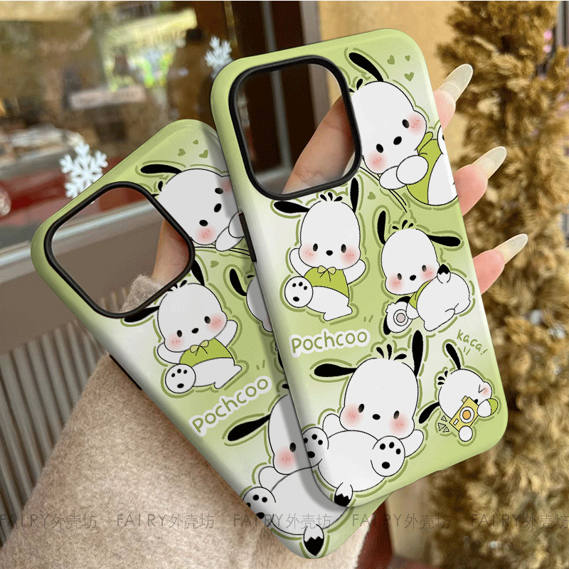 มัทฉะสีเขียวน่ารัก Pacha สุนัขเคสโทรศัพท์ 2 ชั้น iPhone11 12 13 14 15 12Promax 13Promax 14plus 14Promax X XS XR BGQD