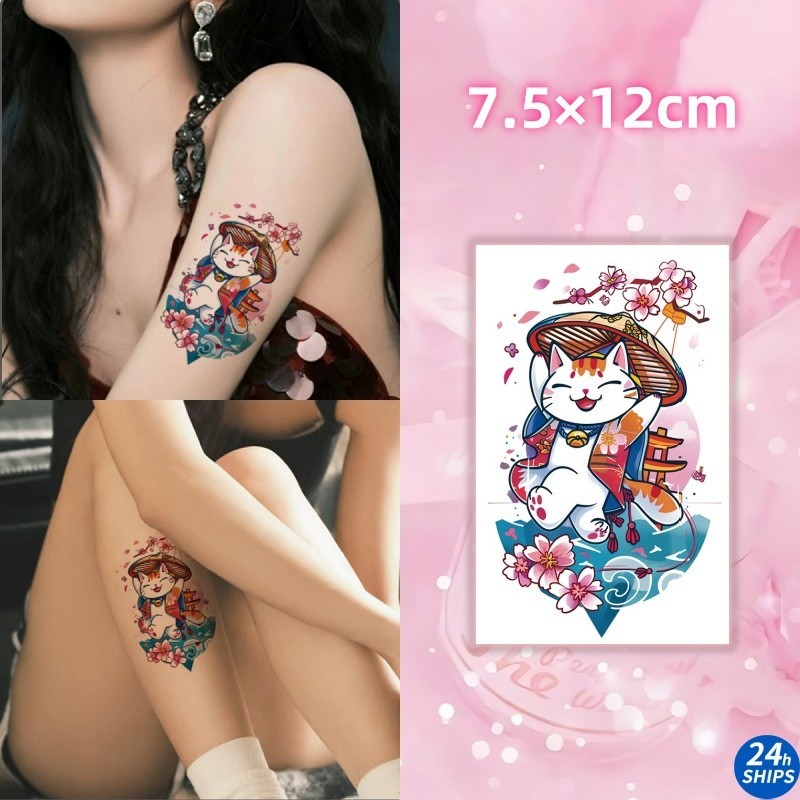 Cherry Blossom Cat Pattern Tattoo สาวน่ารักแขน Tattoo สติ๊กเกอร์รอยสักกันน้ํา ติดทนนาน 7 วัน 7.5x12 ซม. รอยสักปลอมชั่วคราว