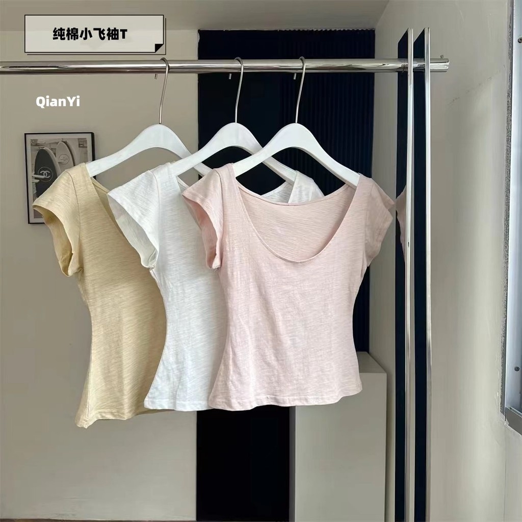 เสื้อยืดแขนสั้นสีขาวของผู้หญิงในช่วงฤดูร้อนเอวบางผ้าฝ้ายแท้ขนาดเล็กคอยูสั้นเสื้อ