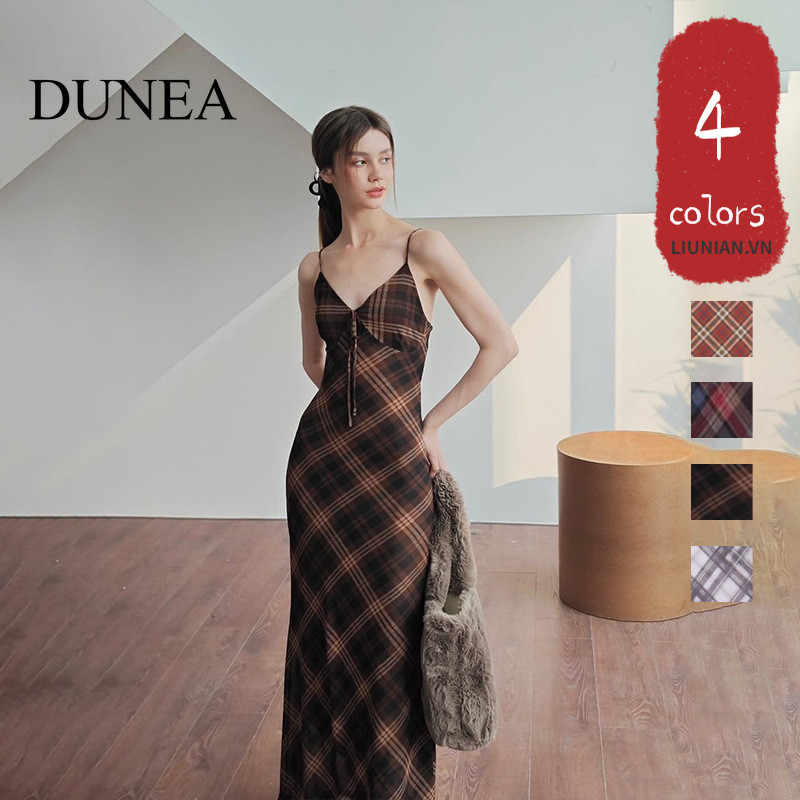 Dunea ชุดเดรส สายคล้องคอ ลายสก๊อต เซ็กซี่ สไตล์เรโทร สําหรับผู้หญิง