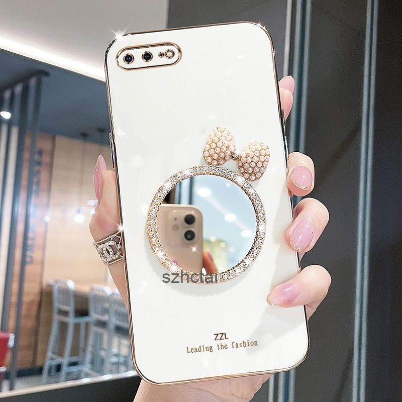 เคสโทรศัพท์ชุบหรูหรา iphone 7 plus 8 plus 6 plus 6s plus 7 8 6 6s ฝาครอบกรณีเชลล์พร้อมกระจกแต่งหน้าโบว์มุก