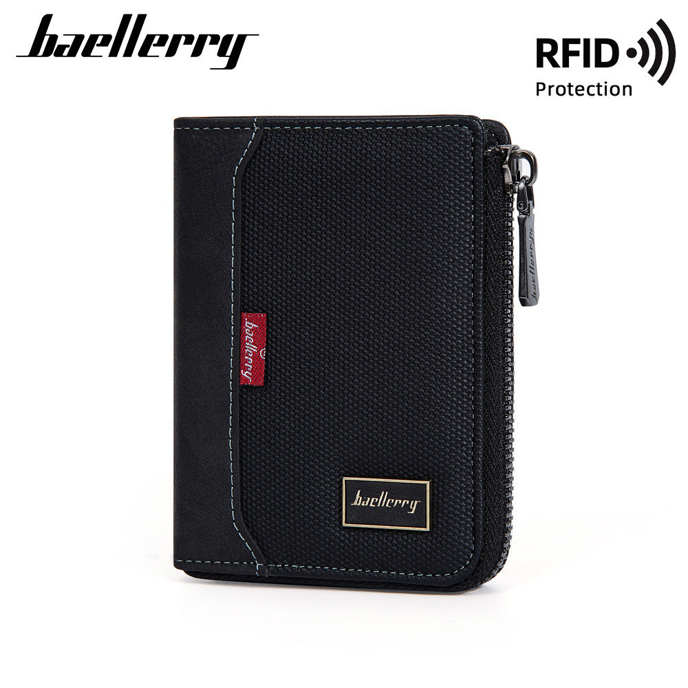 Baellerry ธุรกิจซิปเรียบง่ายกระเป๋าใส่เหรียญป้องกันแม่เหล็กกระเป๋าสตางค์หลายบัตรใหม่ผ้าใบหนังผู้ชายกระเป๋าสตางค์สั้น