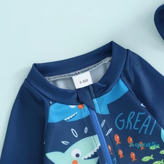 Aqq-baby Boy 3 ชิ้น Rash Guard ชุดว่ายน้ําน่ารักปลาพิมพ์แขนยาว Zip Up ชุดว่ายน้ําชุดว่ายน้ํา