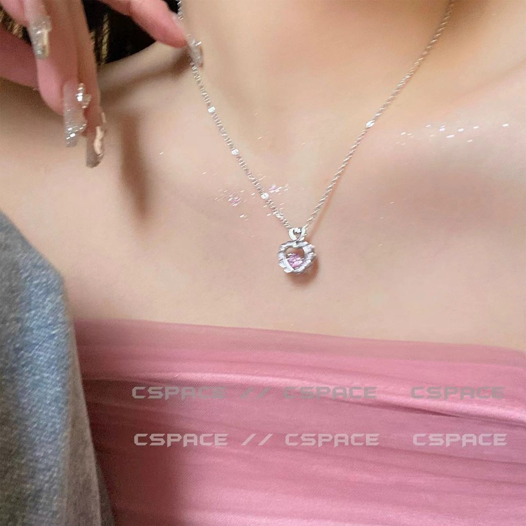 สร้อยคอหัวใจเพทายสีชมพูหวานสําหรับผู้หญิงหรูหราเบาๆและอเนกประสงค์ของขวัญวันวาเลนไทน์