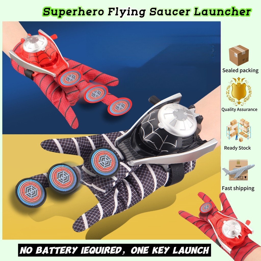 Superhero spiderman จานบิน launcher เว็บนักกีฬาข้อมือ launcher frisbee หนังสติ๊กคอสเพลย์ของเล่น