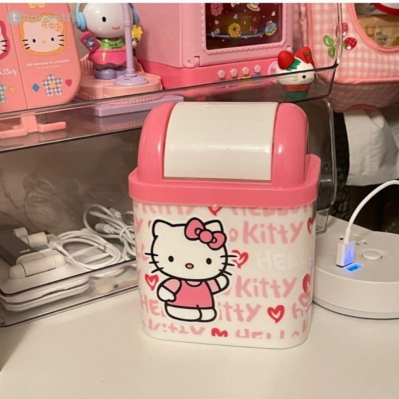Hello Kitty น่ารัก Mini ถังขยะพร้อมฝาปิด Sanrio การ์ตูนเดสก์ท็อปตกแต่งในครัวเรือนถังขยะ TH