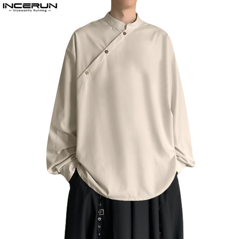 Incerun เสื ้ อเชิ ้ ตผู ้ ชายเกาหลีลําลองคุณภาพสูง Stand-Up Collar แขนยาว Slash Placket
