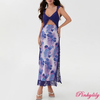 (จัดส่งในกรุงเทพฯ)Pink -Women Bodycon Long Dress ผู้หญิงสลิมกระโปรงยาวดอกไม้ฤดูร้อนพิมพ์ลูกไม้กลวงออกคอ V กลับพรรคเชือกแขวนคอกระโปรง