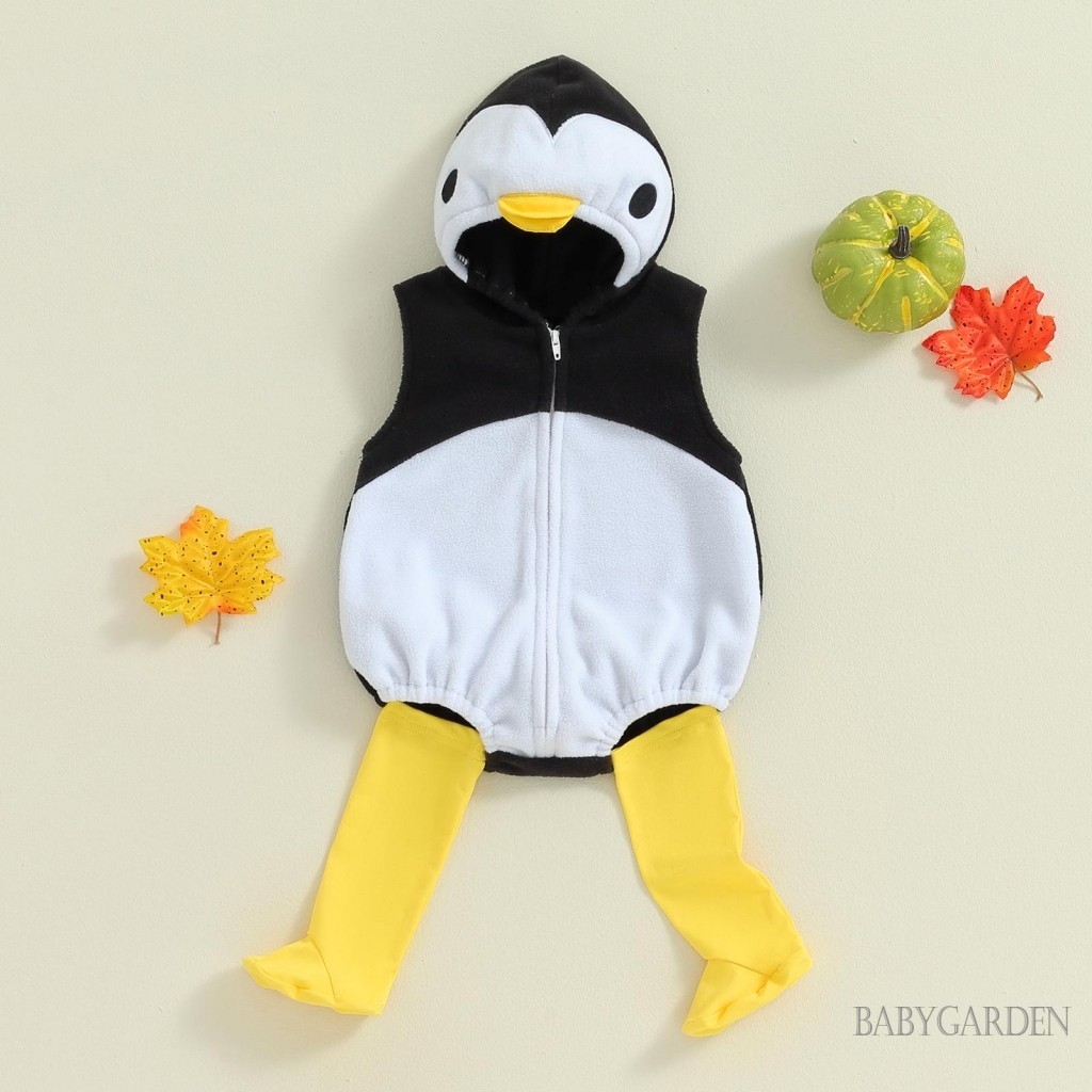 //-0-24 เดือนเด ็ กเพนกวินเครื ่ องแต ่ งกาย / แขนแขนกุด Zip-Up Hooded Romper/ เข ่ าถุงเท ้ าสูง
