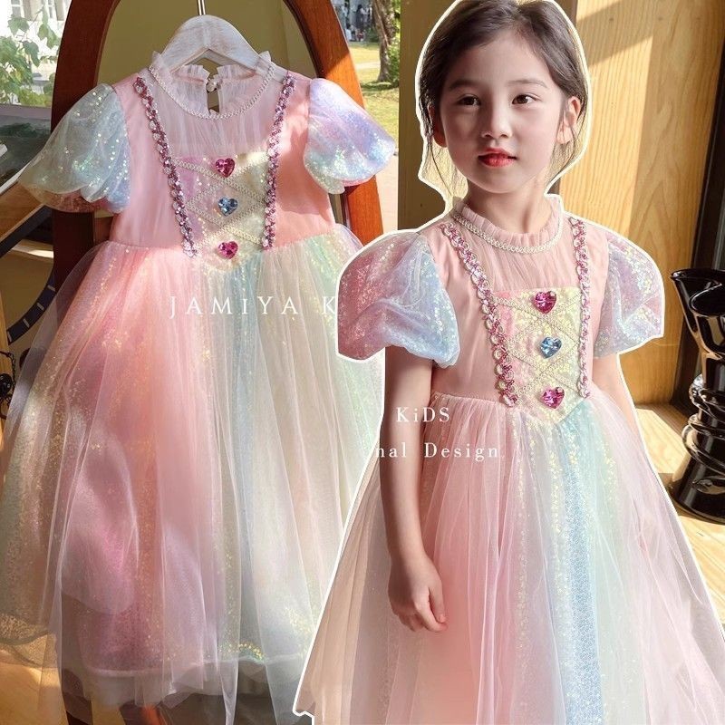 ชุดเจ้าหญิงสีชมพูสาวฤดูร้อนสไตล์ใหม่ไล่โทนสีสายรุ้งเด็กชุดวันเกิดแฟชั่นชุดเด็ก2024.6.20