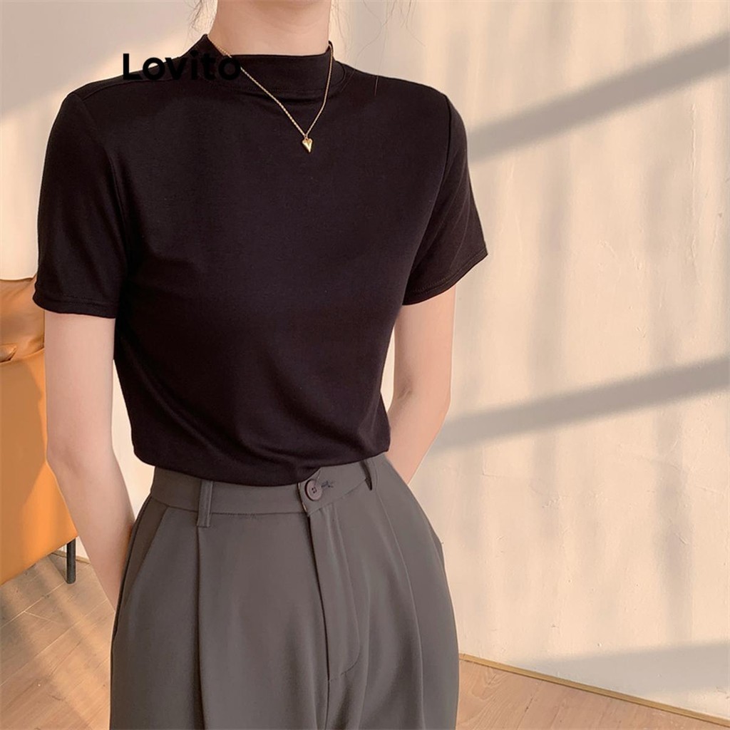 Lovito เสื้อยืดผู้หญิง เบสิก สีพื้น สไตล์ลำลอง LNE60007