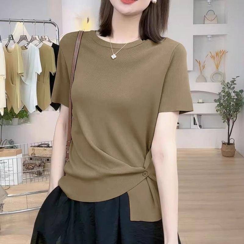 เสื้อยืดแขนสั้น 2024 สไตล์ใหม่ฤดูร้อนหลวม มิ้ม ไม่สมมาตรเสื้อยืดผู้หญิงด้านบน