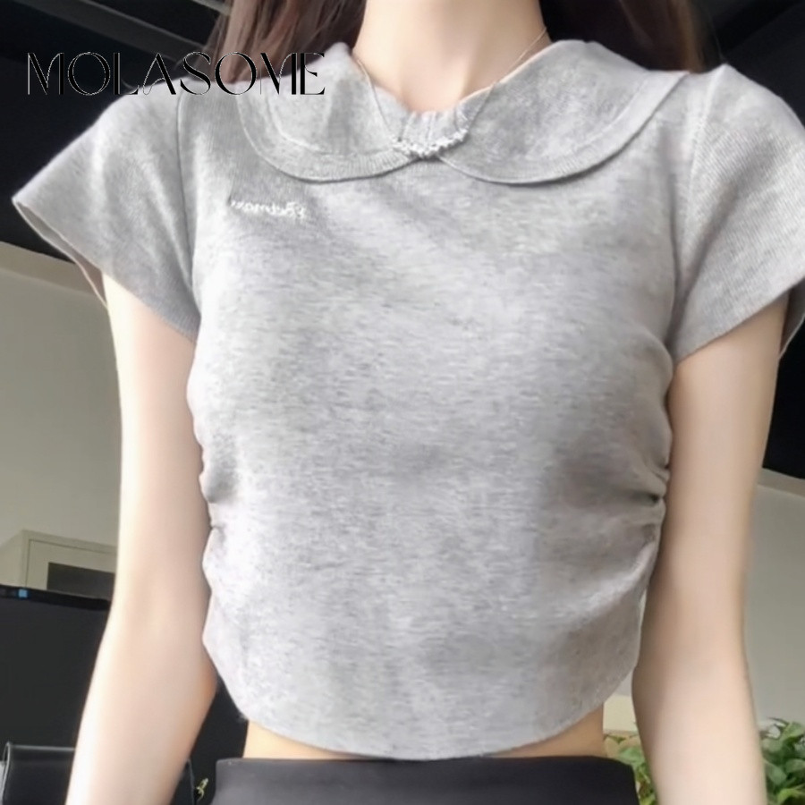 โมลาโซเมะ ผู้หญิง2024แฟชั่นใหม่สีทึบโปโลคอแขนสั้นเสื้อยืด