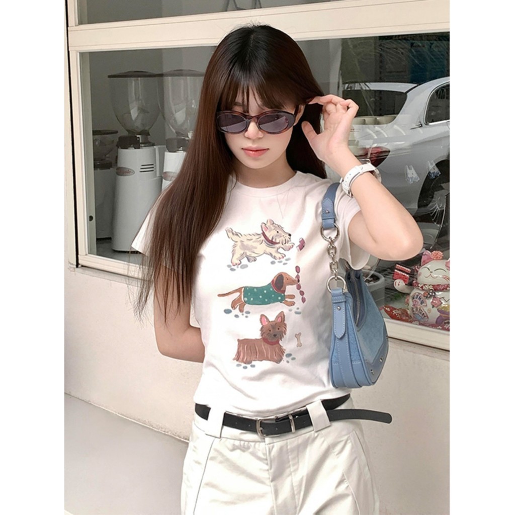 (จัดส่งตลอด 24 ชั่วโมง）OOOK Official Sweet Cute Slim-fit แขนสั ้ นพิมพ ์ ลายเอวแคบ-