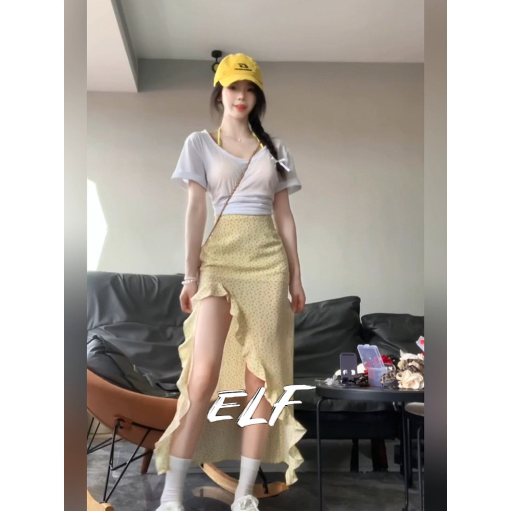 ELFwoo กระโปรงผ่าดอกไม้เร้าใจมีสไตล์สําหรับผู้หญิง