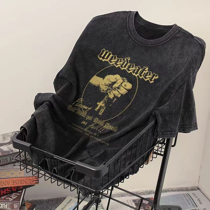 （จัดส่งตลอด 24 ชั่วโมง）HY trendy menswear เสื้อยืดฟอก oversize เสื้อยืดชายเท่ๆ ด้านบนคอกลมผ้าฝ้ายแฟชั่นสีดำ T1226