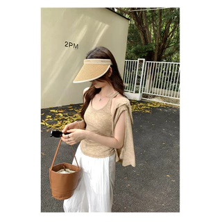 Suxi Minimalist Halter 2 ชิ้นชุดเสื้อยืดแขนยาวครีมกันแดดเสื้อหลวม 240703