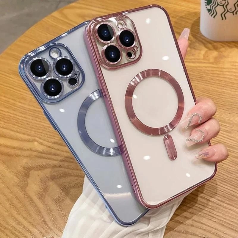 หรูหราชุบแม่เหล็กโปร่งใสเคสโทรศัพท์เข้ากันได้สําหรับiPhone 17 16 15 14 13 12 11 Pro Max Air XR 7 8 Plusไร้สายชาร์จนุ่มกันกระแทกเคสโทรศัพท์ใสฝาหลังAes