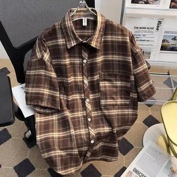 เสื้อเชิ้ตผู้ชายสตรีทแวร์เกาหลี-เสื้อเชิ้ตโอเวอร์ไซส์แขนสั้นลายสก๊อตวินเทจสําหรับแฟชั่นลําลองและไฮสตรีทแฟชั่น