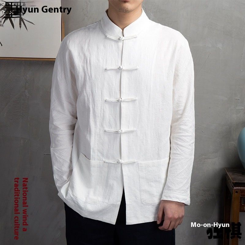 Eershenshi เสื้อเชิ้ตผ้าลินินหัวเข็มขัดสไตล์จีนผู้ชายหลวมแขนยาวเสื้อเชิ้ตวินเทจสไตล์จีน
