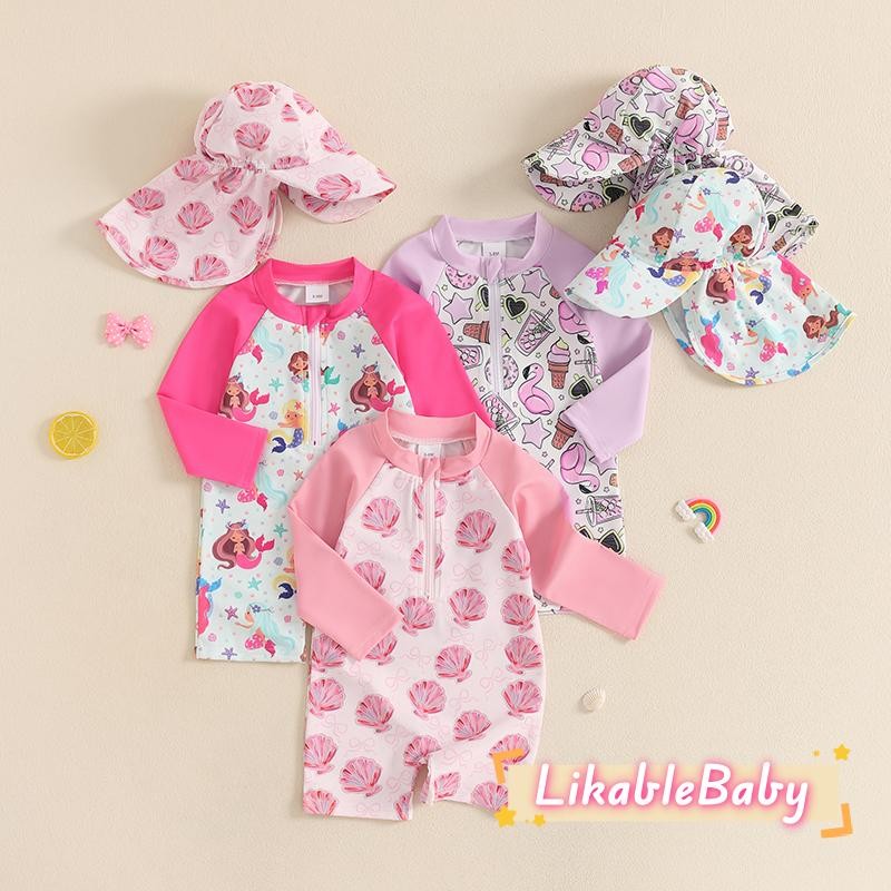 ชุดเด็กผู้หญิงเชลล์ซิปขึ้นแขนยาวคอลูกเรือผื่นยามชุดว่ายน้ําชุดพร้อมหมวก