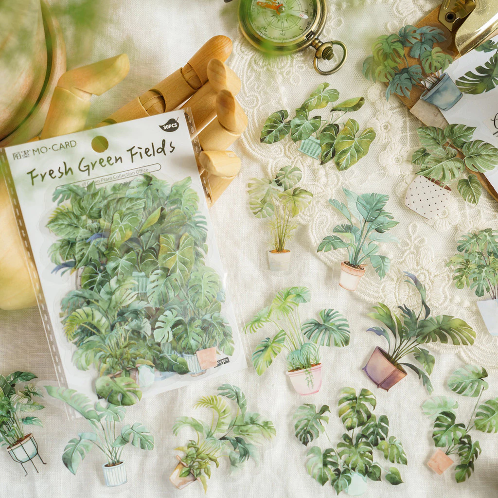 Journamm 30pcs PET พืชสีเขียวสติกเกอร์บัญชีมือ DIY Scrapbooking Collage ไดอารี่ Junk Journal สติกเกอร์ตกแต่ง