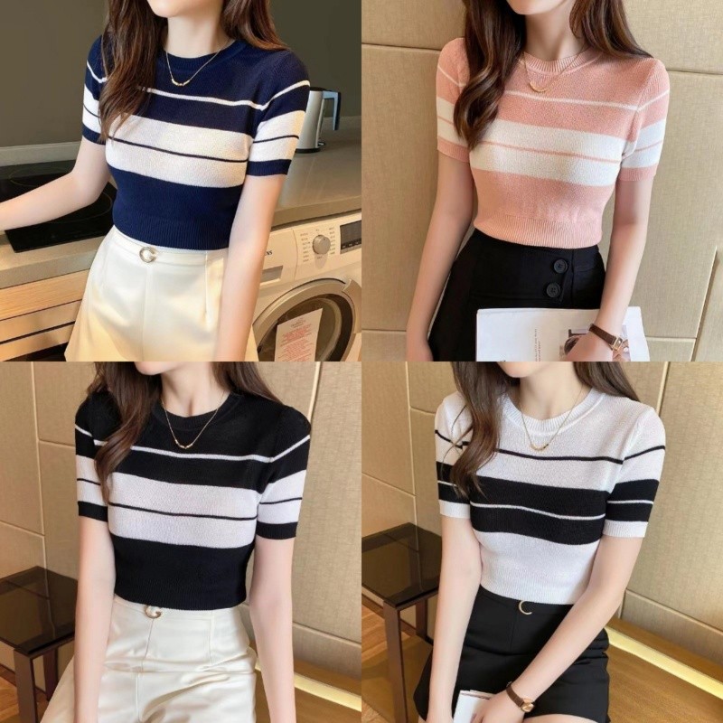 เสื้อยืดไหมพรม อย่างดี แขนสั้น คอกลม ลายทาง สไตล์เกาหลี Clothing Tshirt 4สี พร้อมส่ง#XY0070