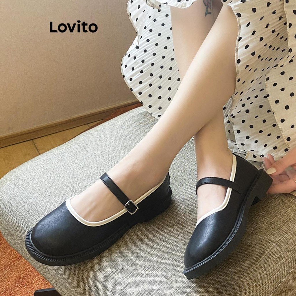 Lovito รองเท้าแมรี่เจนผู้หญิง ทรงบัลเล่ต์ แต่งหัวเข็มขัด สีเรียบ สไตล์น่ารัก LFA22003