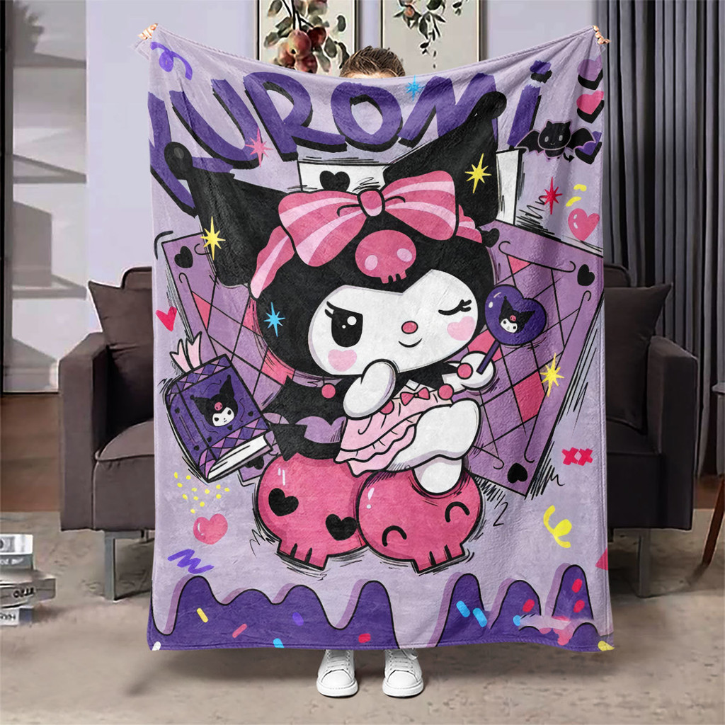 [ใหม่] Sanrio สไตล์เดียวกัน Kuromi Anime Soft Flannel ผ้าห่มผ้าห่มปกฤดูร้อนสไตล์บางผ้าห่มพักกลางวันน้ําหนักเบา