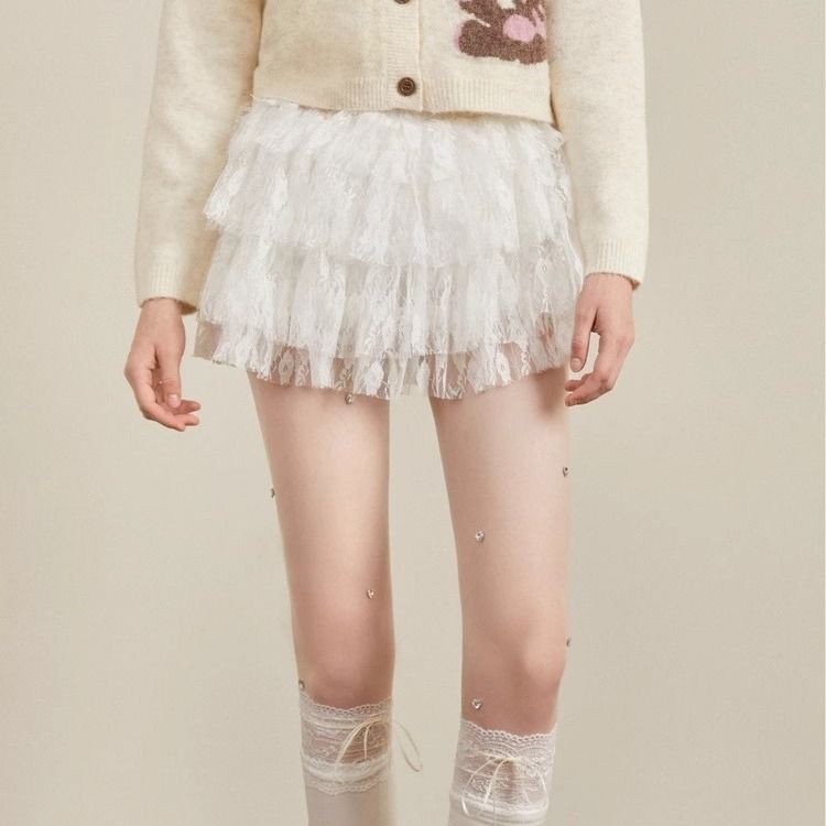 Retro เอวสูงลูกไม้ Pettiskirt ผู้หญิงฤดูใบไม้ผลิฤดูร้อนสไตล์ใหม่กระโปรงสั้น a-Line กระโปรง