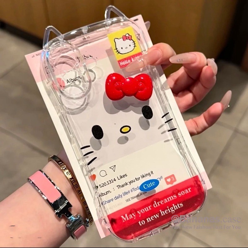 Iphone 16 15 14 13 12 11 Pro Max X Xr Xs Max 7 8 Plus SE2020 เคสโทรศัพท์ 3D DIY น่ารัก KT Cat โบว์สีแดงหูแมว + Lanyard Clear Soft ฝาหลัง