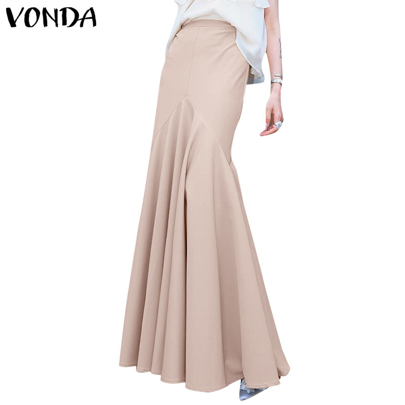 Vonda ผู้หญิงวินเทจลําลองเอวสูงสีทึบพรหมกระโปรงหางปลา