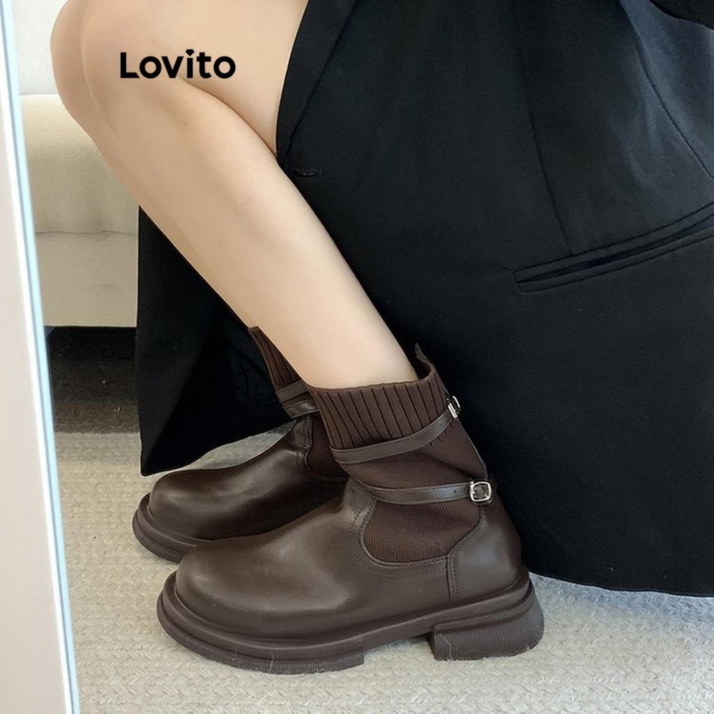 Lovito รองเท้าบู๊ทมาร์ตินพื้นหนาสไตล์อังกฤษสุดคลาสสิกสำหรับผู้หญิง LFA55347