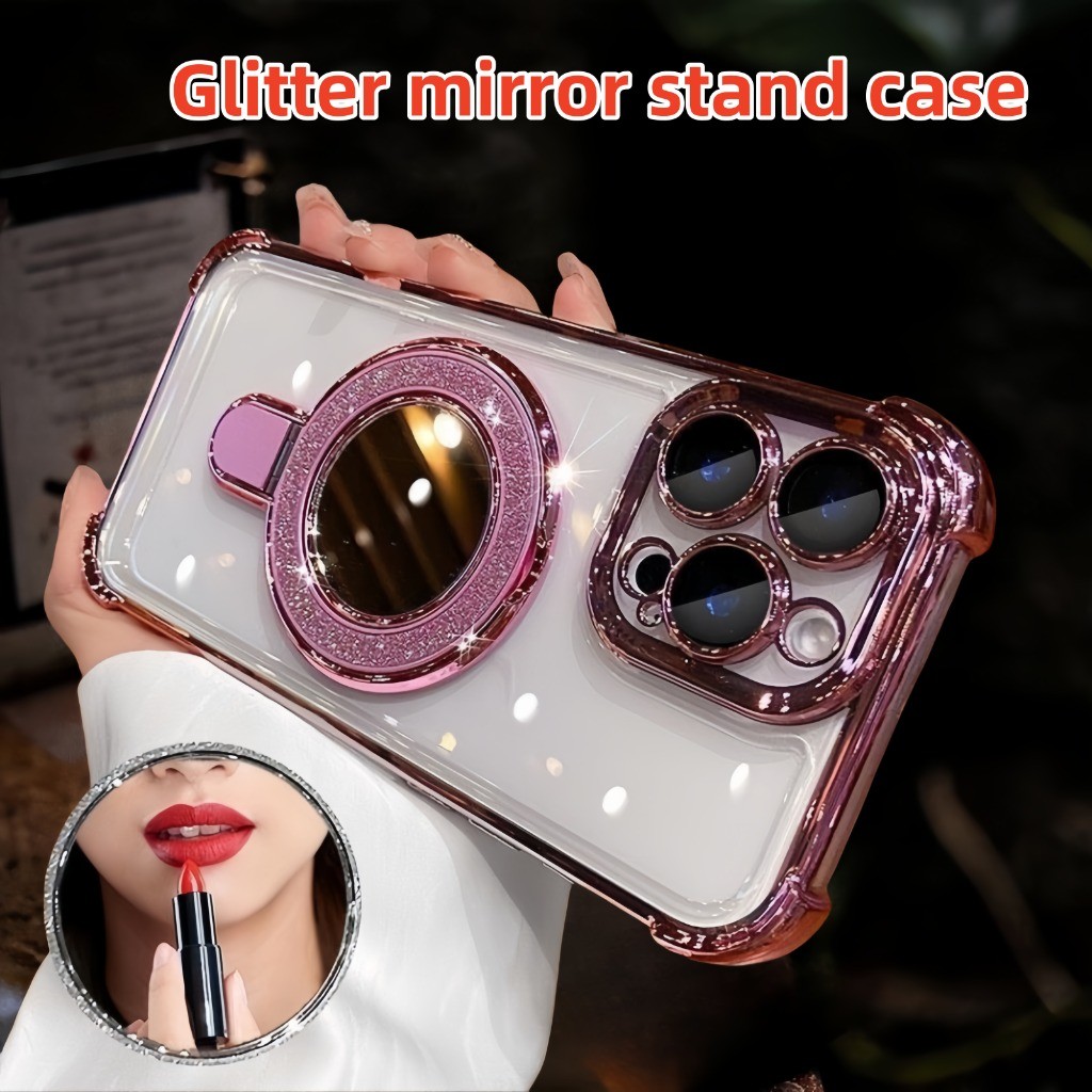 เคสยืนแวววาวชุบสําหรับ iPhone 16 15 14 Plus 13 12 11 Pro Max เคสแข็งอะคริลิคใสกันกระแทก