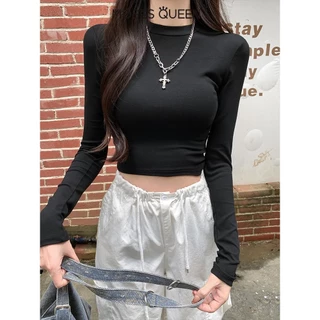 MOSESQUEEN เสื้อยืดสาวแขนยาวสั้น 2025 ฤดูร้อนผู้หญิงใหม่เปิดท้องเสื้อลําลองบริสุทธิ์#62241