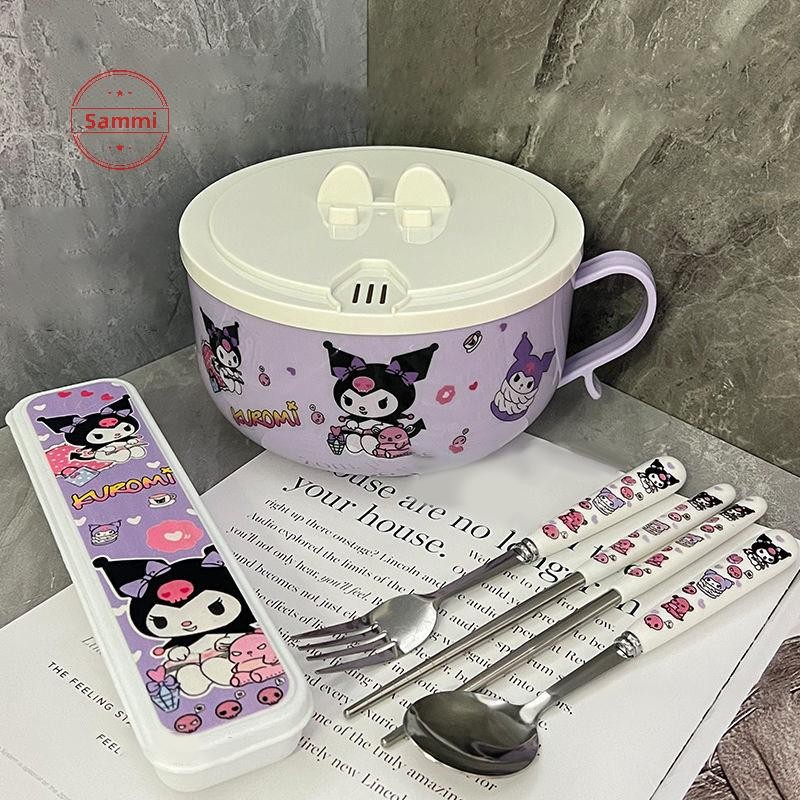 Sammi Sanrio Kuromi ชามบะหมี่กึ่งสําเร็จรูปการ์ตูนชามข้าวสแตนเลสพร้อมฝาปิดหอพักนักเรียน Anti-Scald กล่องอาหารกลางวันบนโต๊ะอาหาร TH