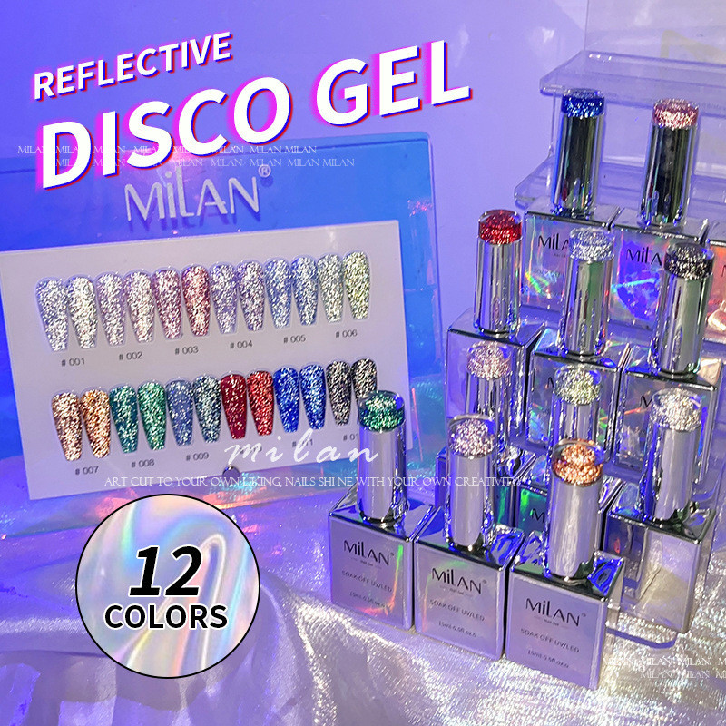 สีแฟลชกลิตเตอร์ 12 สี milan ดิสโก้ เซตสีแฟลช Disco  gel 15ml.