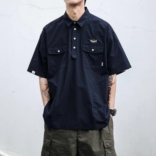 Pannofluxus เสื้อเชิ้ตผู้ชายแขนสั้นญี่ปุ่นฮาราจูกุแบรนด์อินเทรนด์ปักลายชุดทํางานเสื้อเชิ้ต