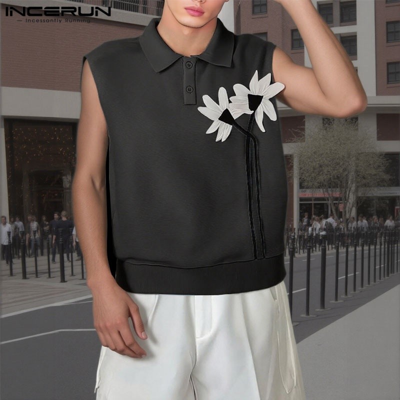 Incerun ผู้ชายเกาหลีแฟชั่น Lapel 3D ดอกไม้ตกแต่งเสื้อแขนกุดครึ่งกระดุม