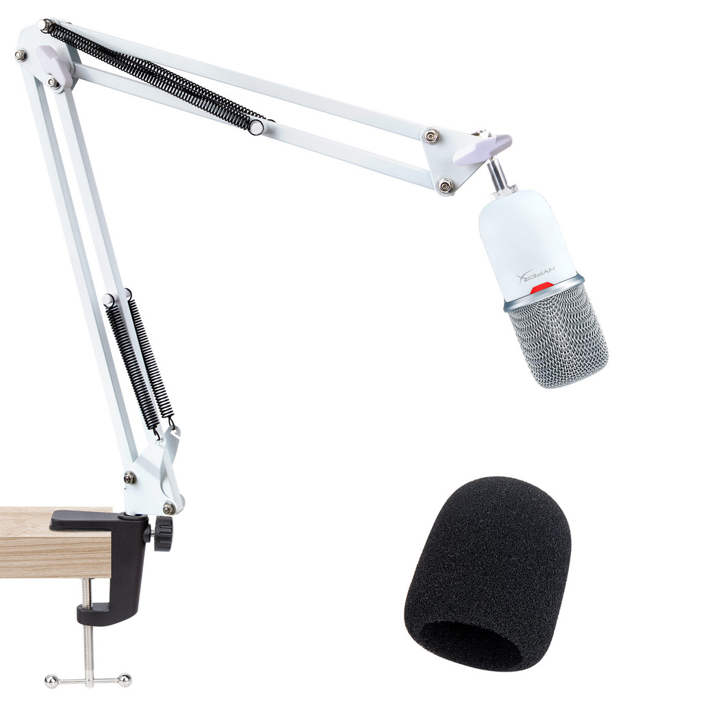 HyperX SoloCast White Boom Arm - แขนไมค์สีขาวเข้ากันได้กับ Hyper x SoloCast, แขนบูมไมโครโฟนพร้อมตัวกรองป๊อป, ปรับปรุงคุณภาพเสียง, แขนบูมไมค์สีขาวสําหรับ Hyperx